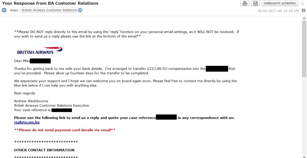 BA EU 261 compensation claim payment confirmed email