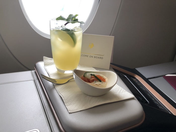 Malaysia Airlines Business Suite A350 review welcome drink