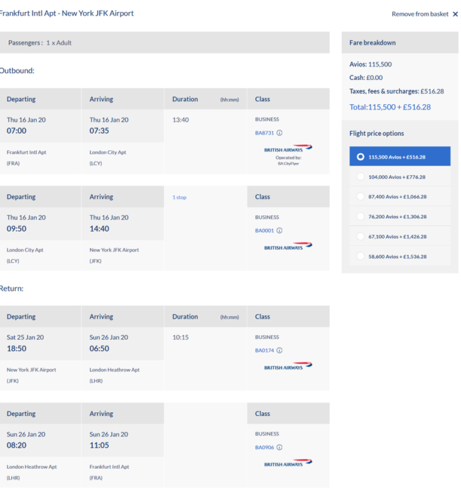 Avios pricing chart