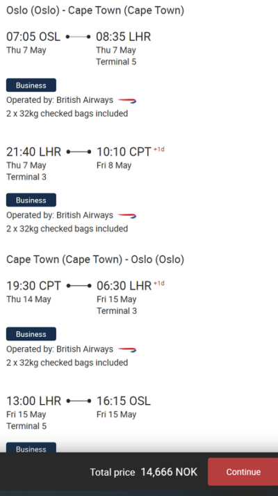 BA Oslo Cape Town deal