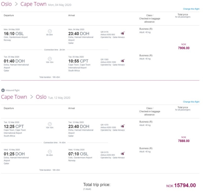 Qatar business class fare deal