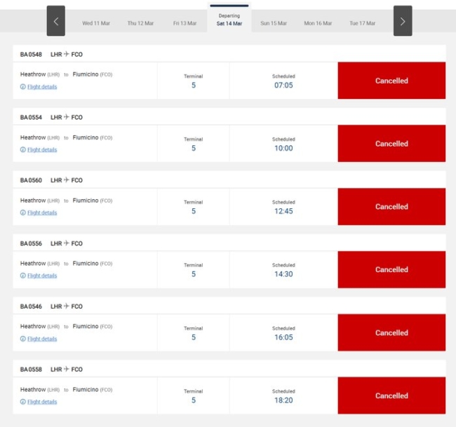 British Airways Italy cancellations