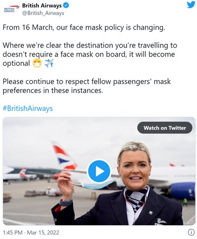 British Airways reinstating face masks