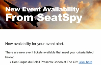 SeatSpy hotel event redemption notifications