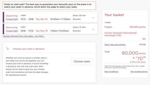 ITA business class Rome to Dubai